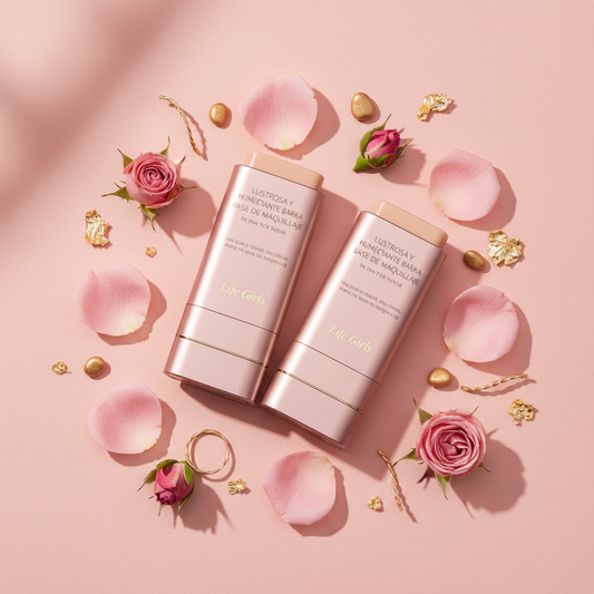 Flat lay con pétalos de rosa y detalles dorados